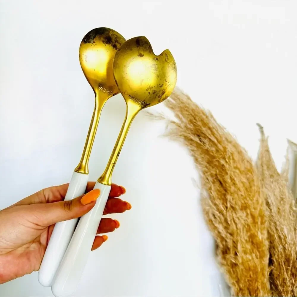 VINTAGE Gold Brass White Enamel Handle Salad Spoon Tosser Serving Utensil Set